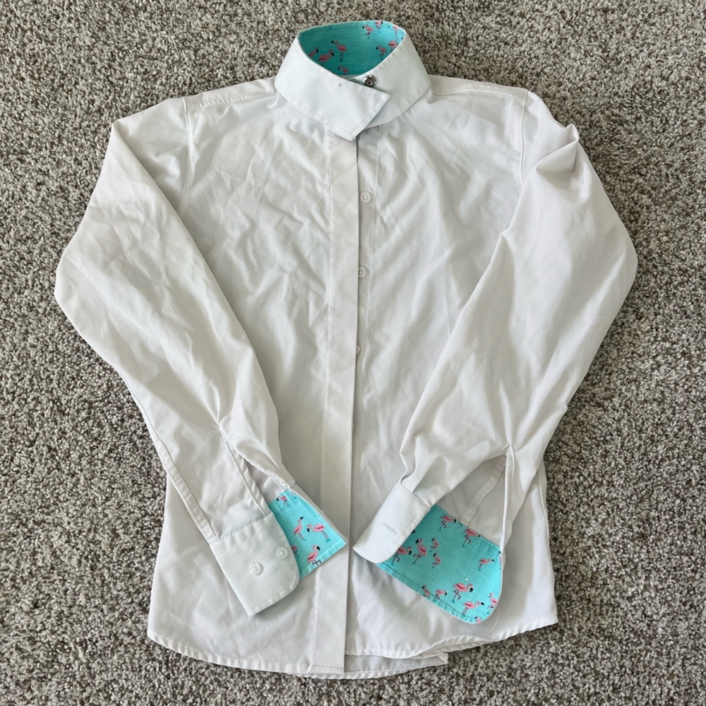 White Long Sleeve Show Shirt with Blue Flamingo Accents